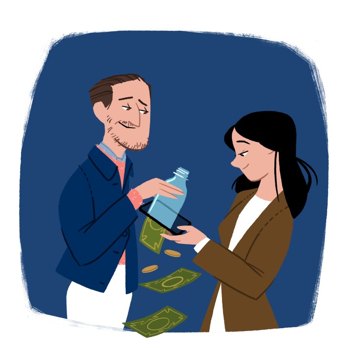 Illustrated man and woman exchanging a water bottle with money floating between them against a blue background.