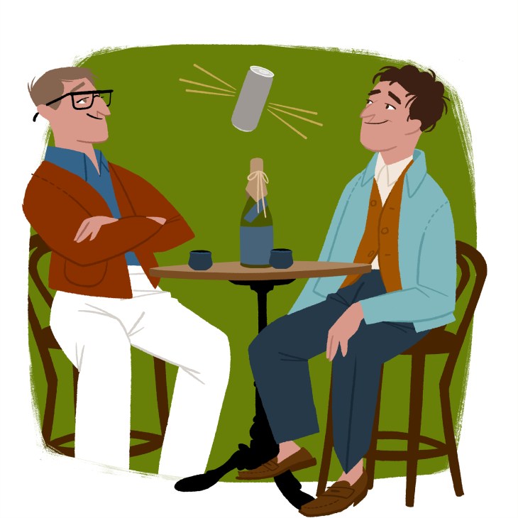 Illustration of two men sitting at a table sharing a drink with a lightbulb icon above, representing a creative idea or eureka moment.