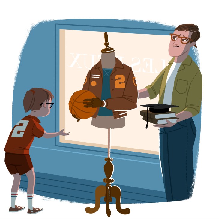 Illustration of a man and child viewing a mannequin dressed in a brown varsity jacket at a museum display.