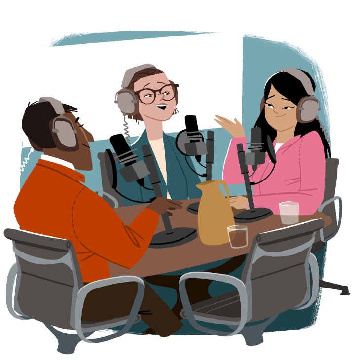 Illustration of four diverse people seated at a table wearing headphones and speaking into microphones during a podcast recording session.