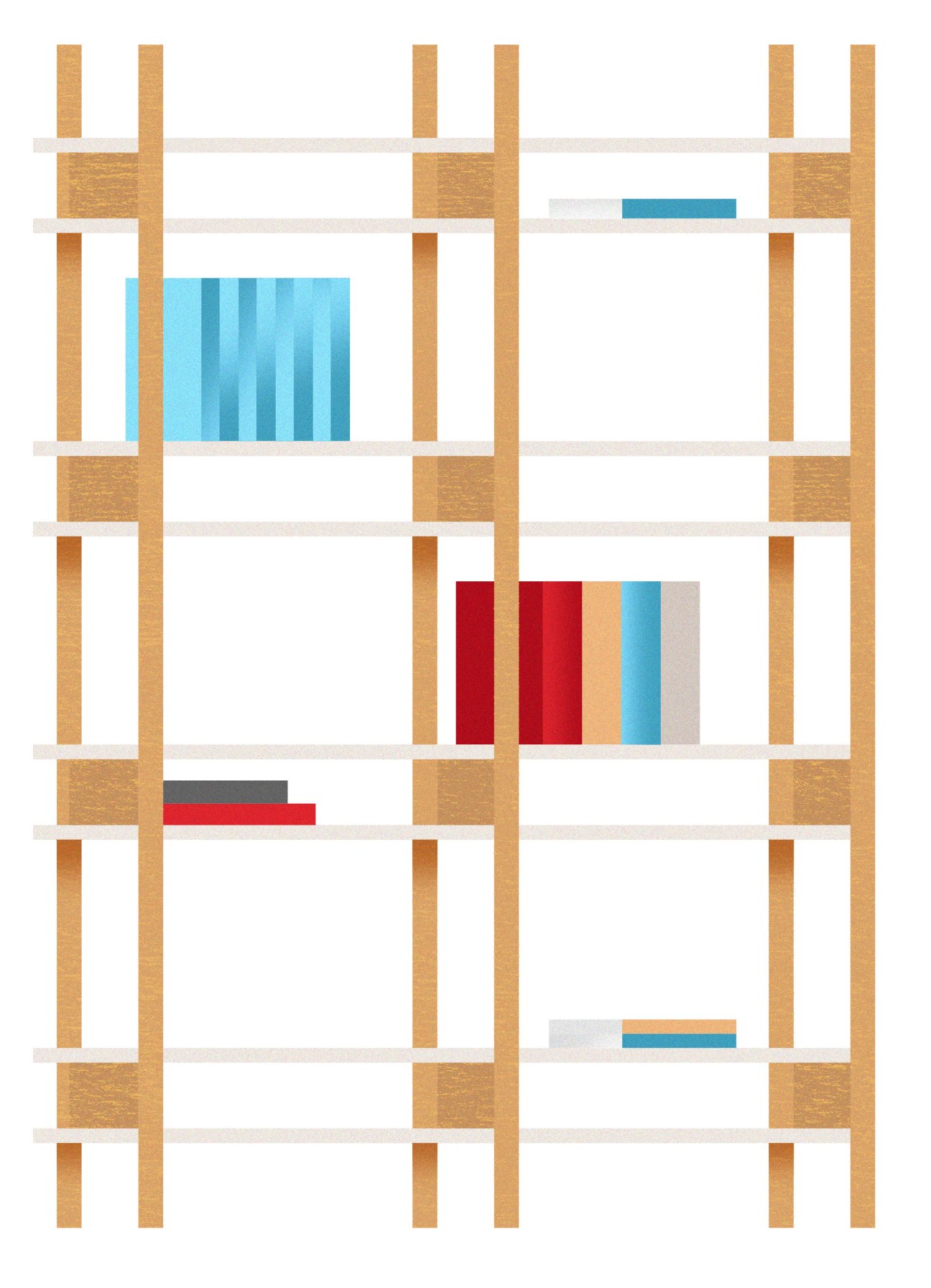 Kokiri Railshelf wooden shelving system with oak and birch timber frame displaying books and objects.