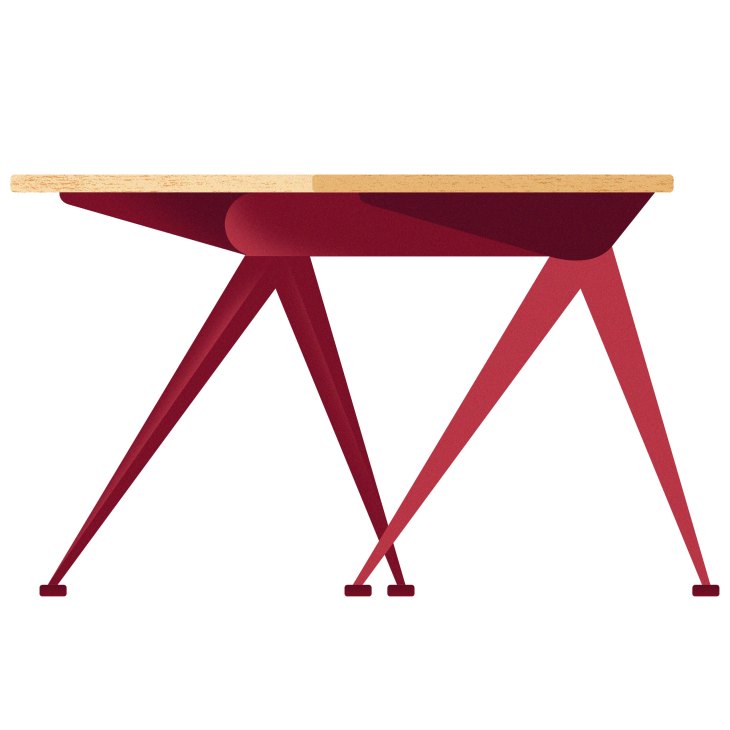 Vitra Compas Direction desk with wooden top and angled metal legs in burgundy and coral red tones.