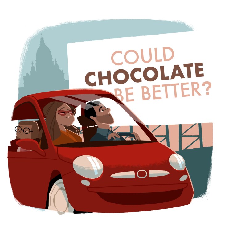 Illustration of a family in a red car driving through Italy with text asking 'Could chocolate be better?'