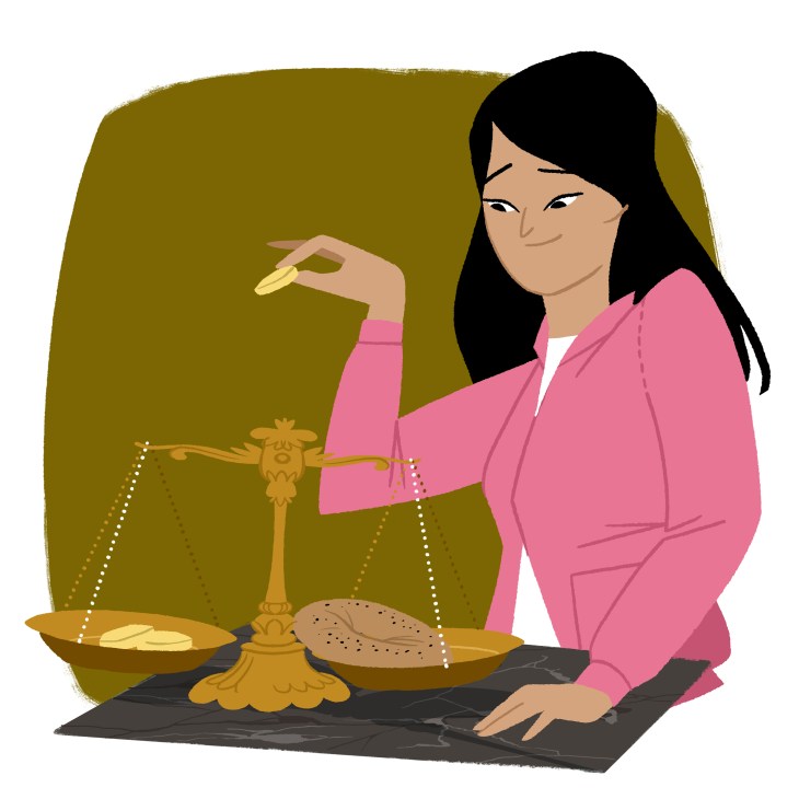 Illustration of a woman in a pink blazer weighing healthy bread against traditional bread on a golden scale.