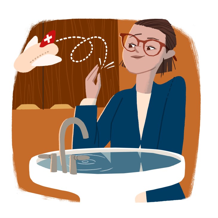 Illustration of a woman with glasses at a sink holding a Swiss flag, representing sustainable soap brand Soeder.