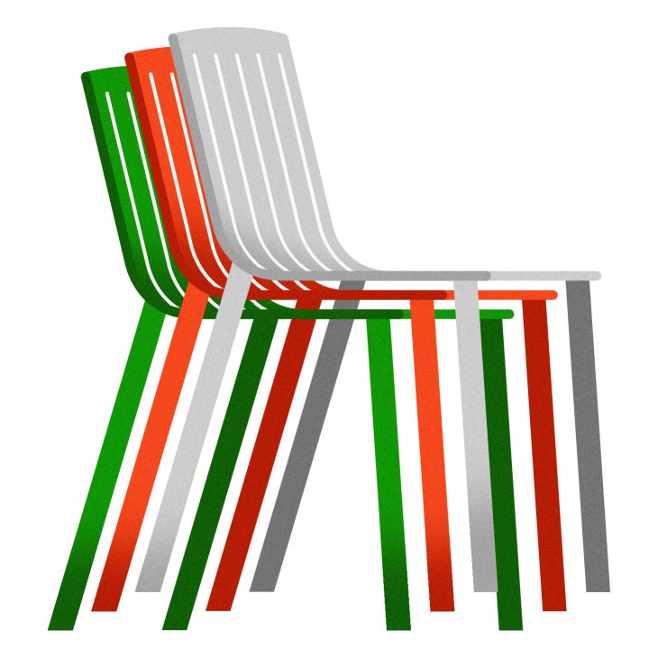 Stacked colorful chairs in green, red, and gray designed by Jasper Morrison for Magis.