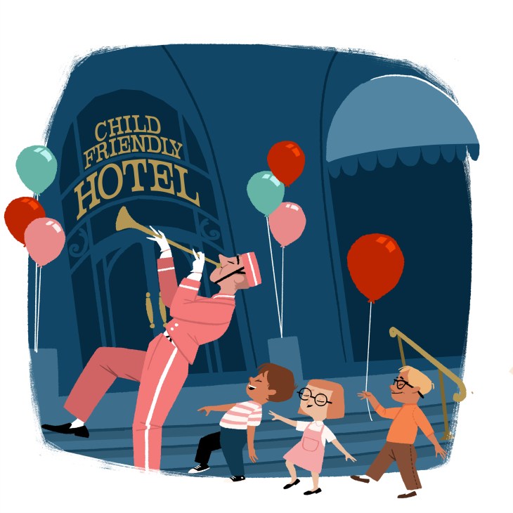 Illustration of a bellhop and children with balloons outside a child-friendly hotel entrance.