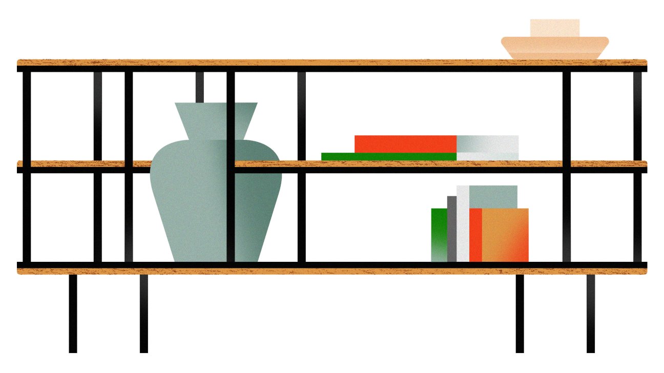 Illustration of a modular shelving unit with wood frame and various colored storage boxes arranged on multiple levels.