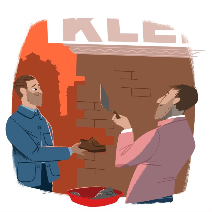 Illustration of two men discussing construction or renovation work on a brick building.