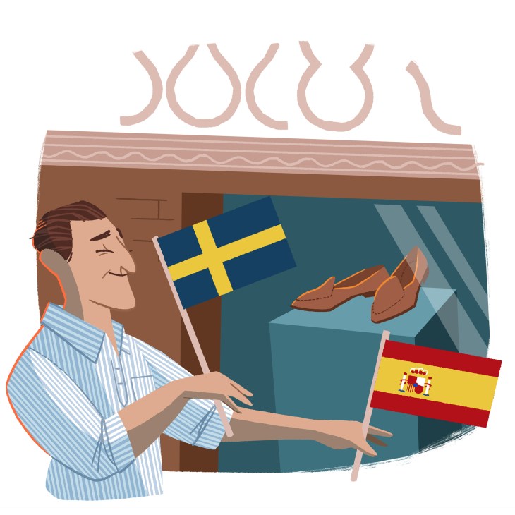 Illustration of a man holding Spanish and Swedish flags beside shoes in a shop display