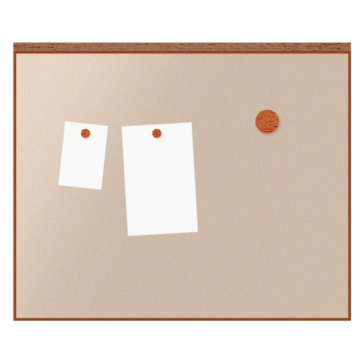 Cork bulletin board with wooden frame displaying two blank white papers pinned with copper fasteners.