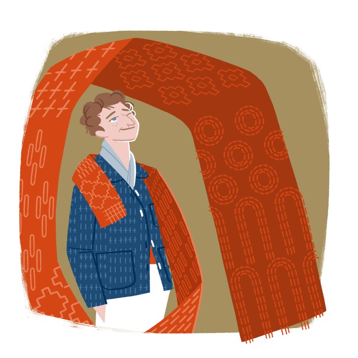Illustration of a person with brown hair wearing a blue blazer and red patterned scarf against a tan background.