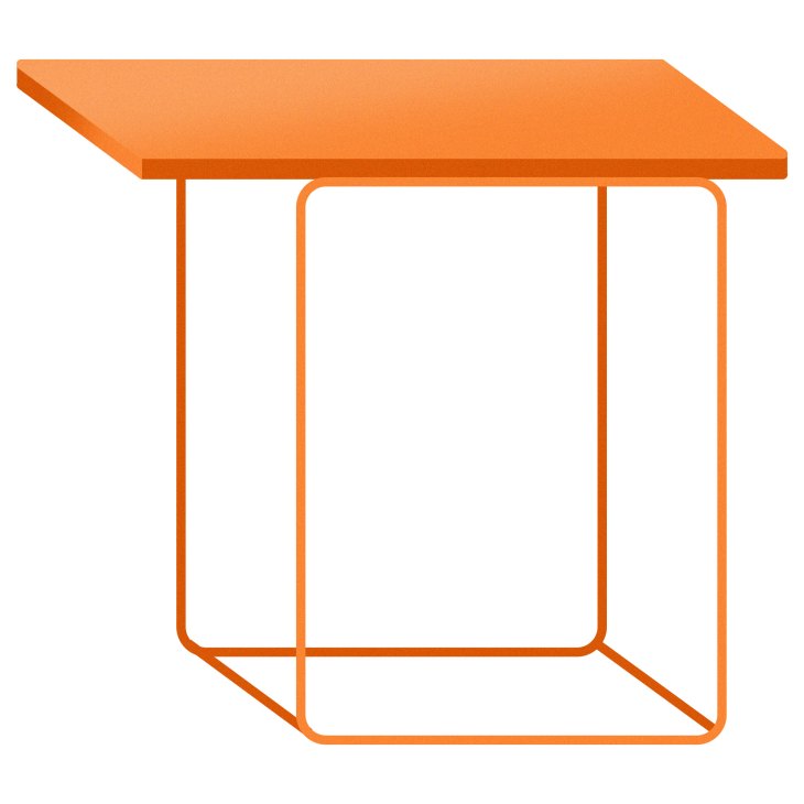 Orange side table with angled metal legs in minimalist design by Loehr DL1 Tangram.