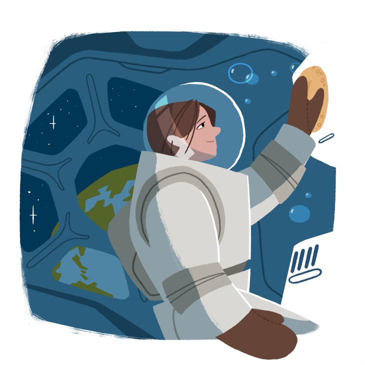 Illustration of an astronaut in a spacesuit floating in space holding a cleaning product.