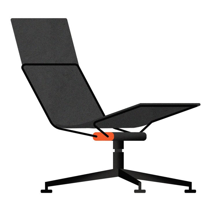 Wagner D1 minimalist desk chair with black fabric seat, metal frame, and orange accent detail.