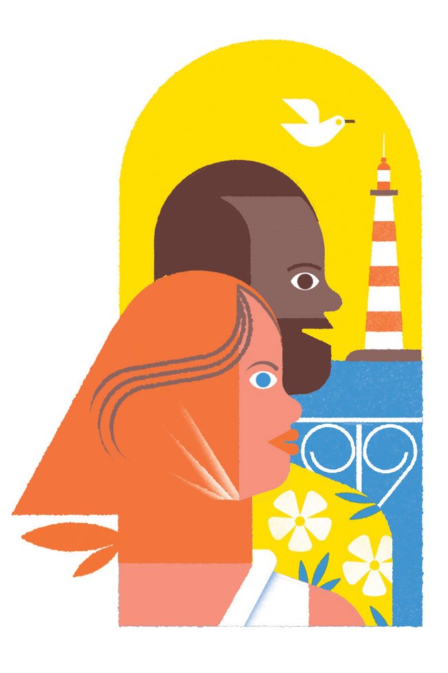 Stylized illustration of two women with a lighthouse, seagull, and yellow flowers in an arched composition