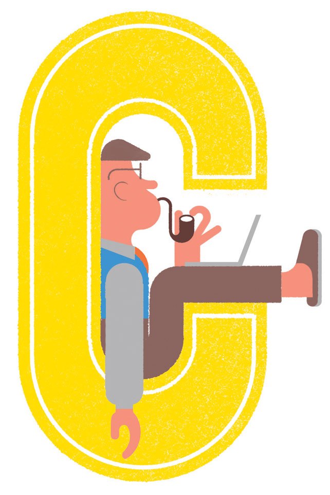 Illustration of person smoking pipe while working at laptop, surrounded by large yellow letter C