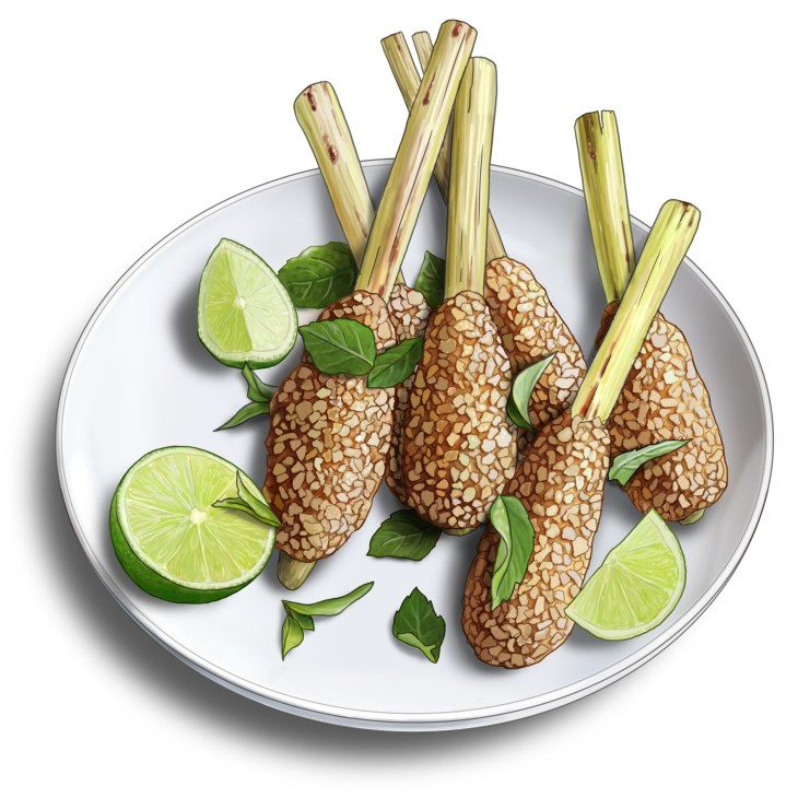 Fish skewers coated in oats on lemongrass stalks, garnished with lime wedges and fresh basil leaves on white plate