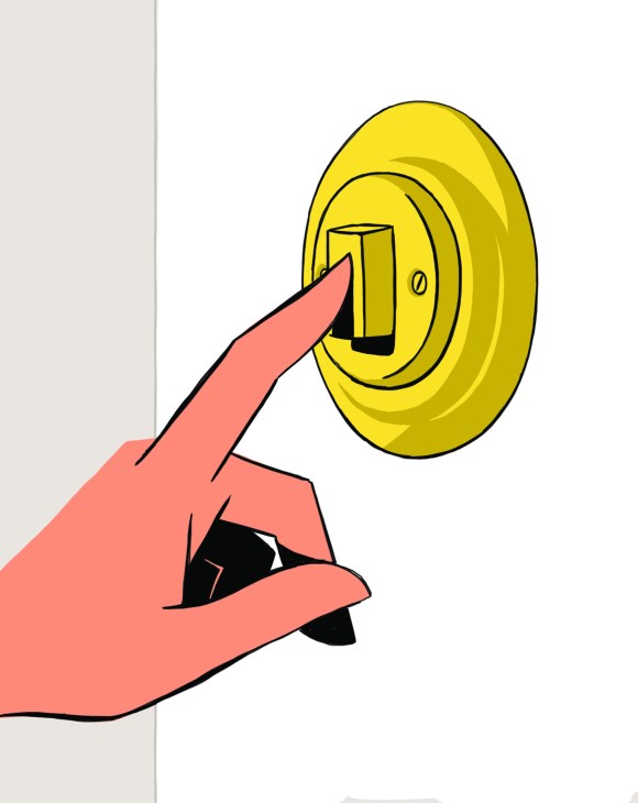 A close-up illustration of someone pressing a golden doorbell with their index finger.