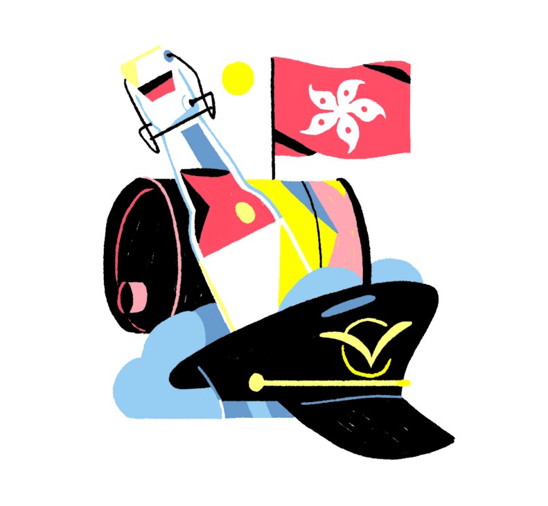 Illustration of a pilot's cap with Hong Kong flag and colorful geometric shapes representing entrepreneurship.