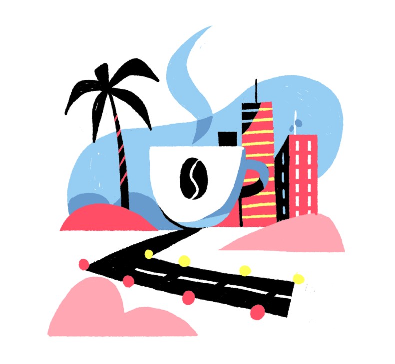Illustration of a tropical coastal scene with a coffee bean, palm tree, crescent moon, buildings, and a road with colorful lights.