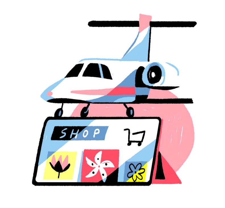 Illustration of a small aircraft above a tablet screen showing an e-commerce shop interface with product images and shopping cart icon.