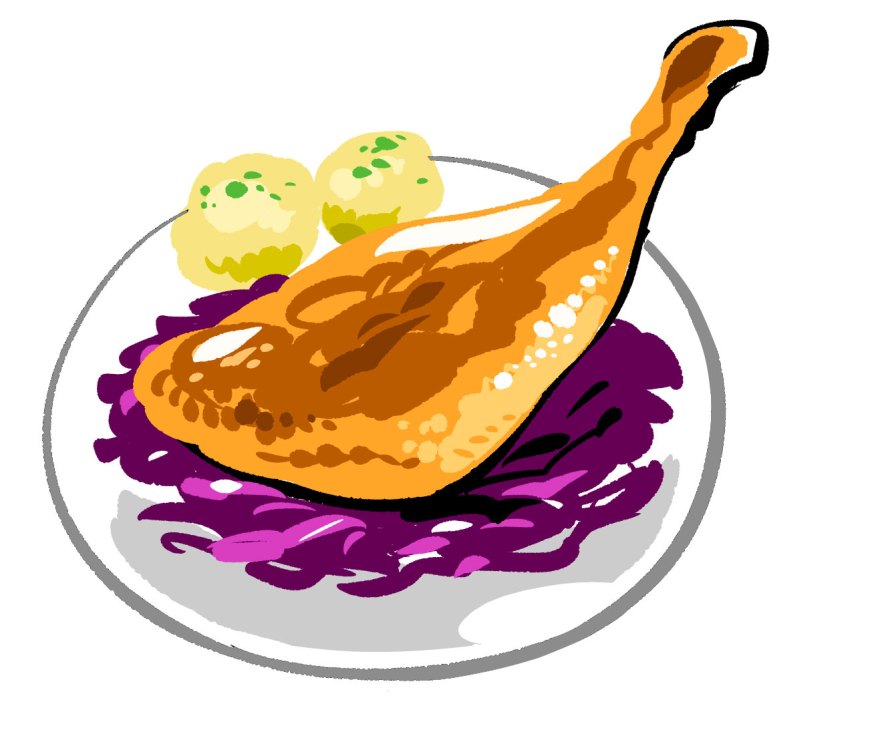 Duck leg served on a bed of purple red cabbage with potato dumplings on a white plate