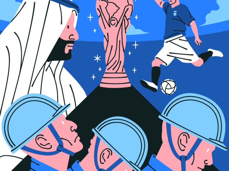 Illustration of a Gulf figure, a footballer, the World Cup trophy and security guards representing Gulf states' football investments