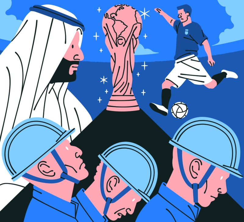 Illustration of a Gulf figure, a footballer, the World Cup trophy and security guards representing Gulf states' football investments