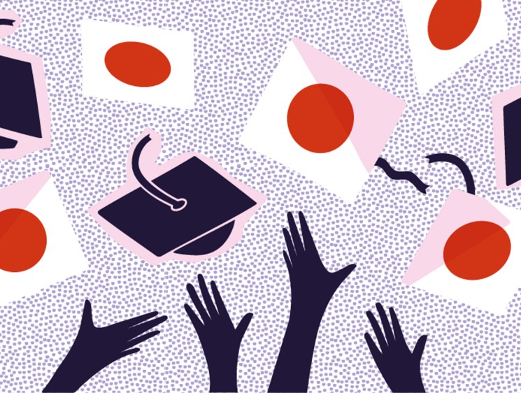 Illustration of hands reaching upward toward graduation caps and red circles on dotted background.