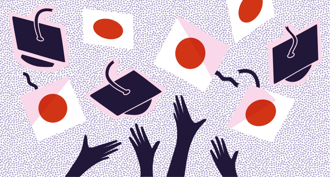 Illustration of hands reaching upward toward graduation caps and red circles on dotted background.