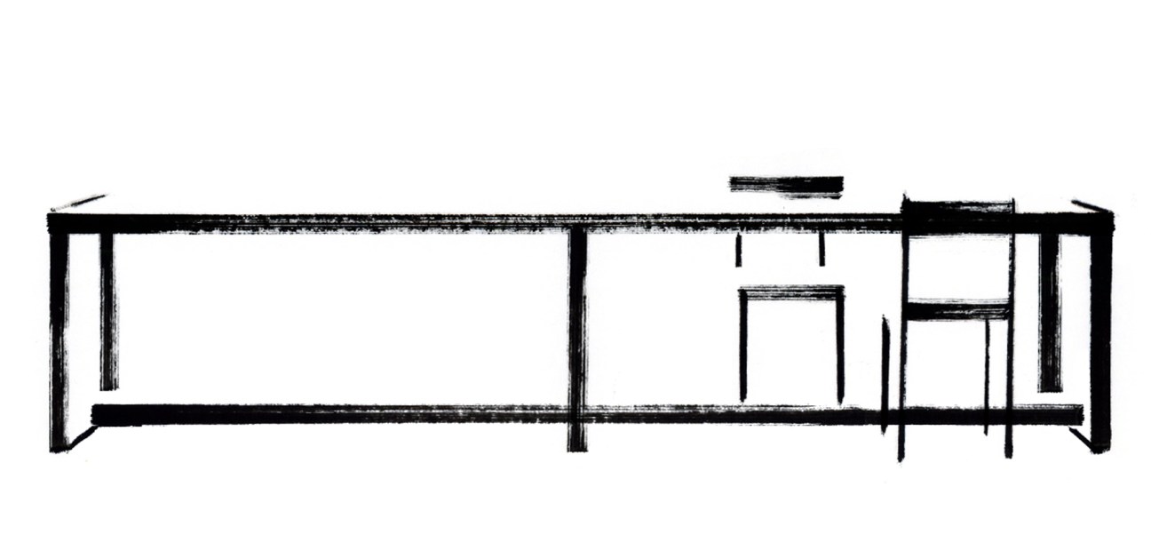 Black and white sketch of a modern minimalist table or shelf with clean geometric lines and structural framework