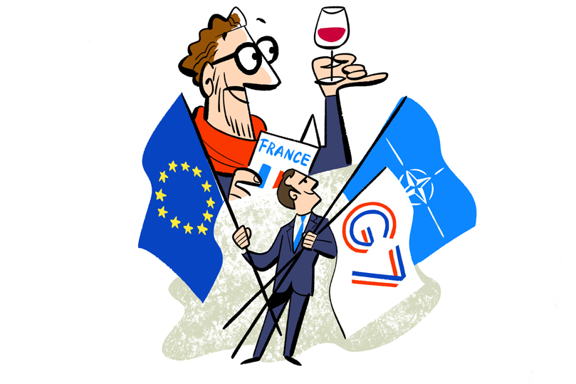 Cartoon illustration of French figure holding wine glass with EU and NATO flags representing diplomatic influence