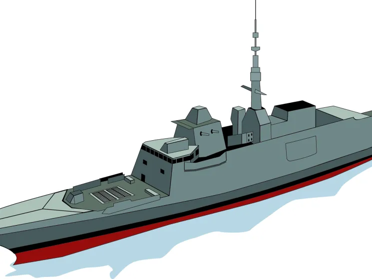 The French navy frigate Lorraine, a Fremm-class warship, rendered as a gray military vessel with distinctive angular design