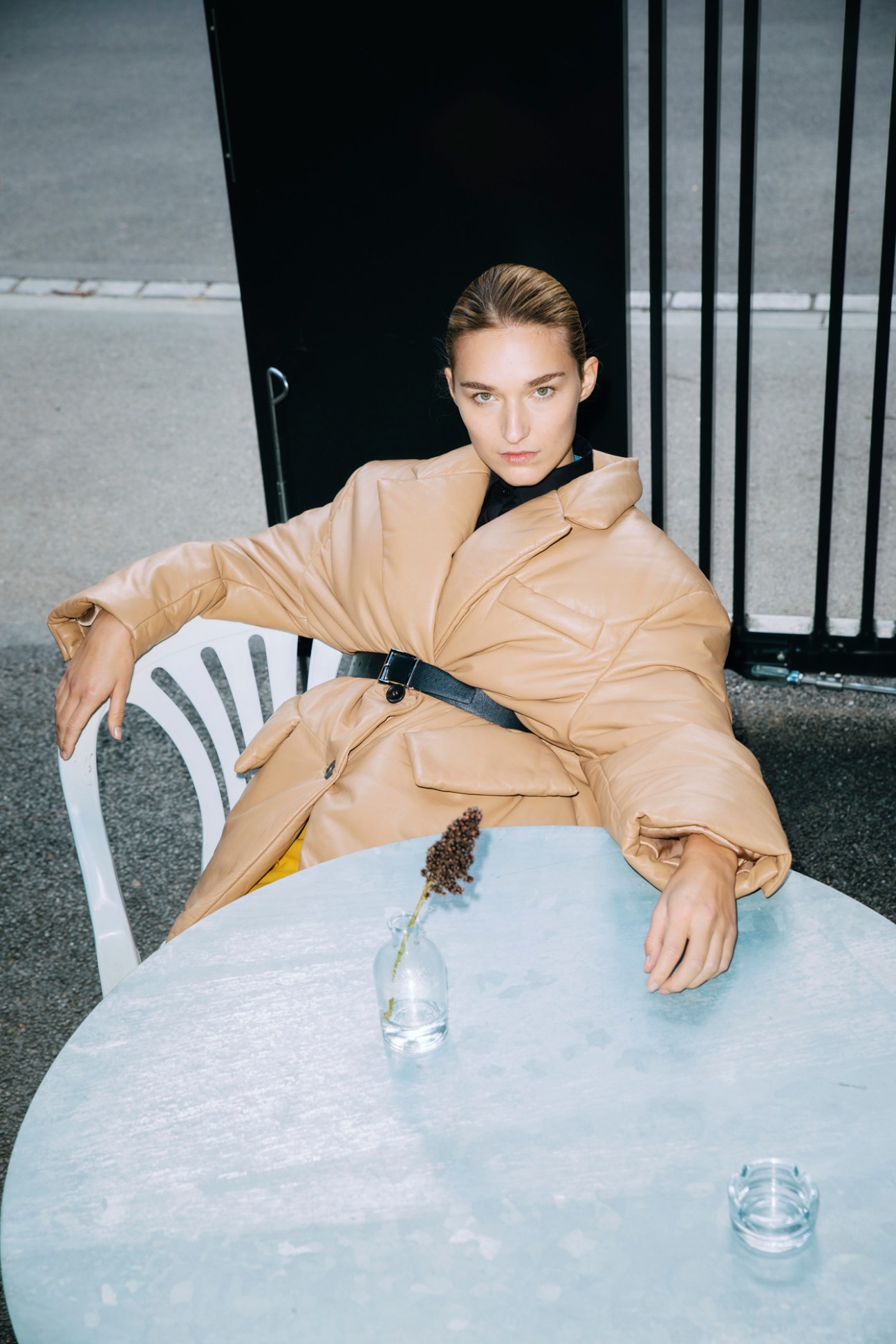 Model in sophisticated Prada ensemble - matching jacket, blouse, skirt and belt