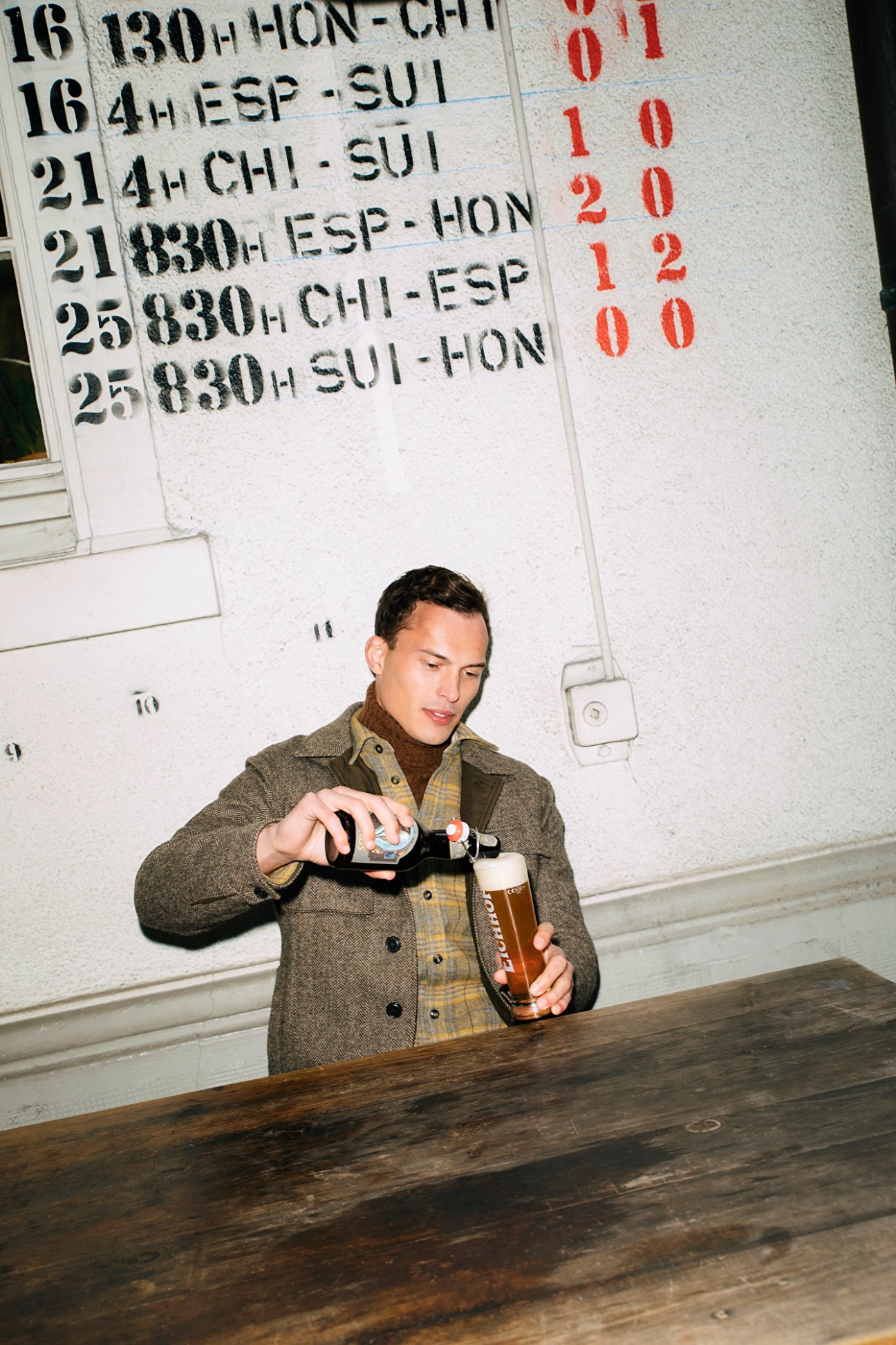 Model in casual winter layers - Aspesi jacket with A Kind of Guise overshirt and Howlin' rollneck