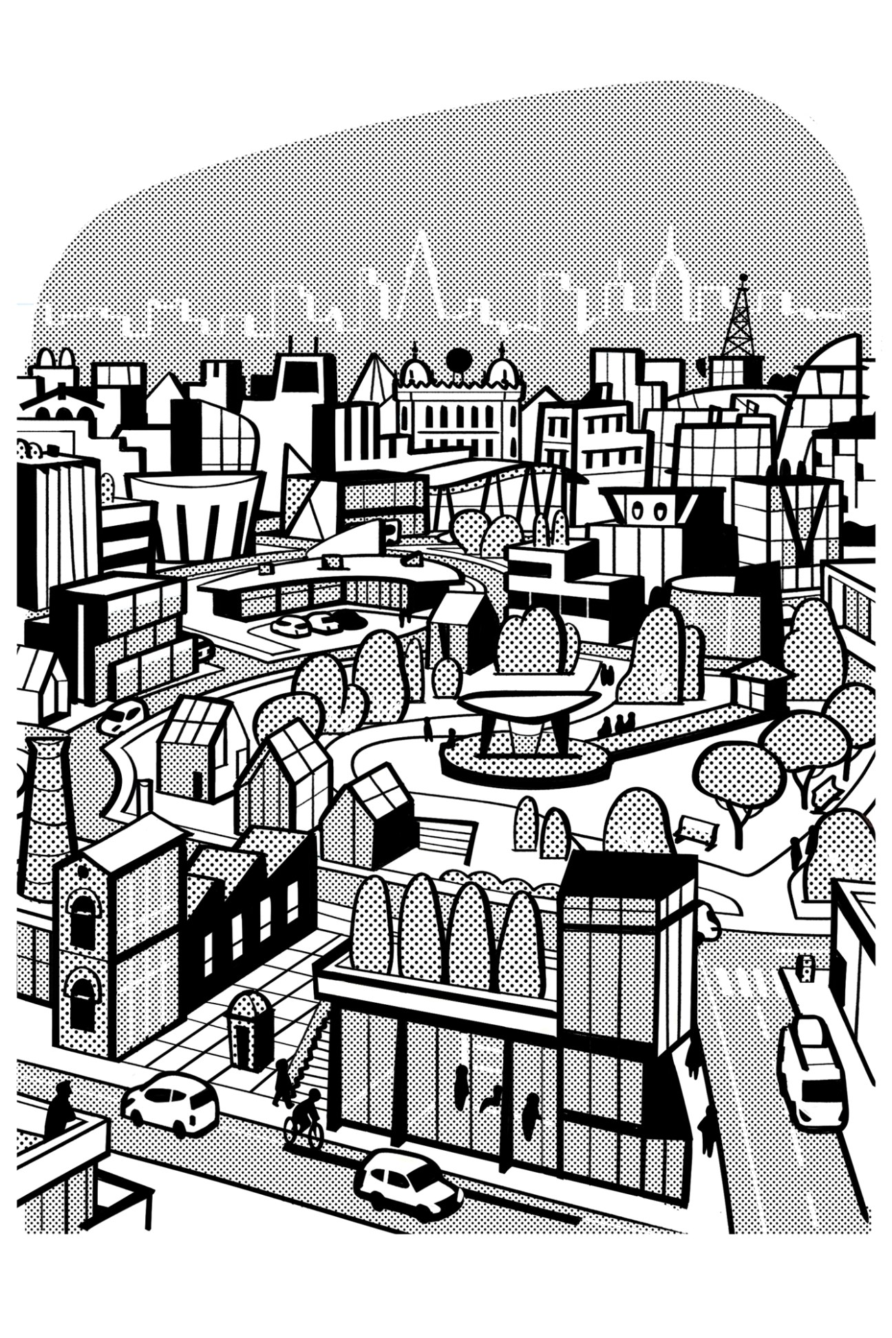 Black and white illustration of an idealized urban neighborhood with diverse buildings, parks, and street life