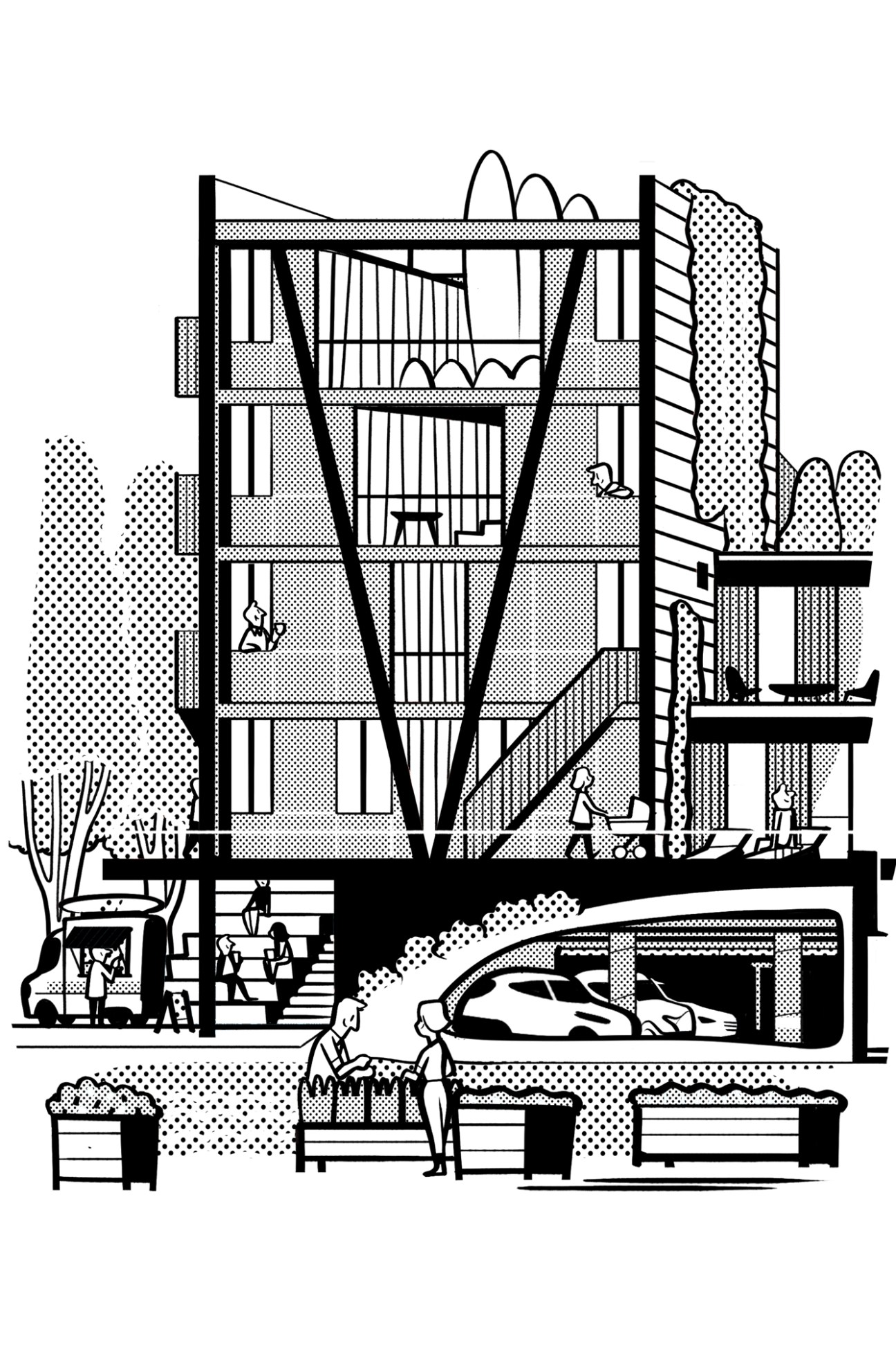 Black and white architectural cross-section illustration of a multi-story residential building with timber framework