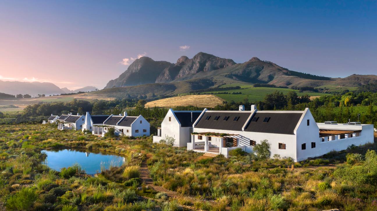 White modern houses with courtyards and pools set against mountains and fynbos landscape