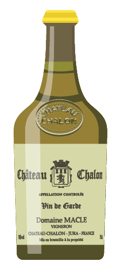 Illustrated bottle of Domaine Macle Château-Chalon vin jaune in distinctive clavelin bottle