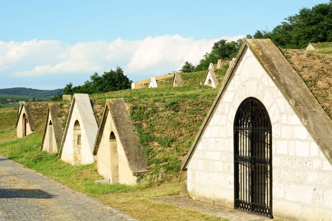 Row of triangular stone wine cellar entrances built into hillside in Hercegkut village