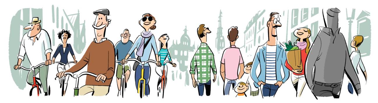 Illustration of diverse city residents including cyclists, families, and pedestrians walking through an urban environment with buildings in background.