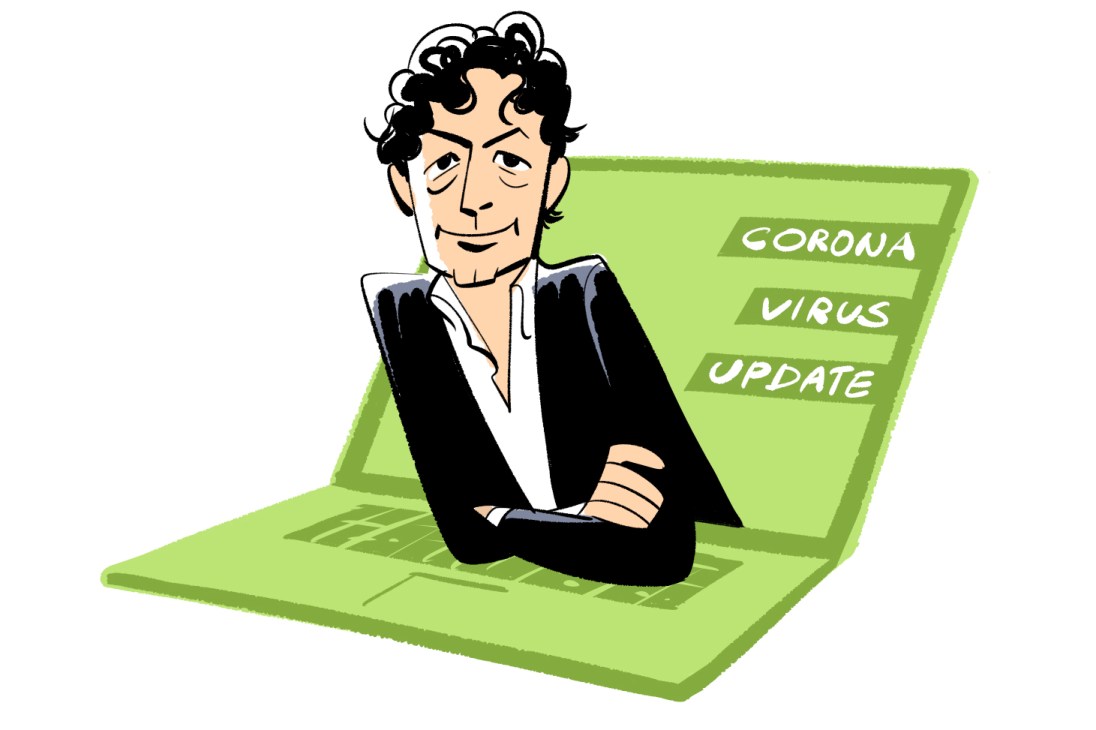 Illustration of Christian Drosten, German virologist, shown emerging from a green laptop screen displaying coronavirus update information.