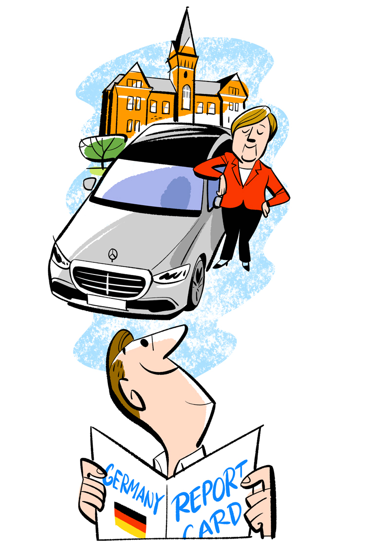 Illustration showing German castle, luxury car, and person reading Germany report card