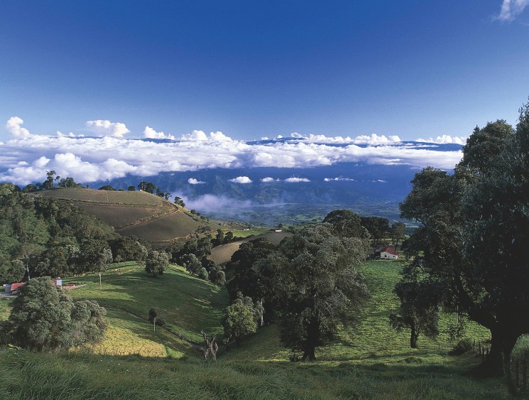 Rolling green hills and farmland with scattered trees under a cloudy blue sky in Costa Rica