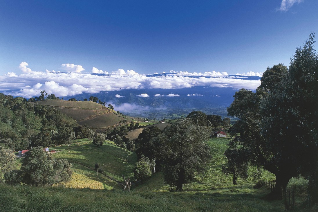 Rolling green hills and farmland with scattered trees under a cloudy blue sky in Costa Rica