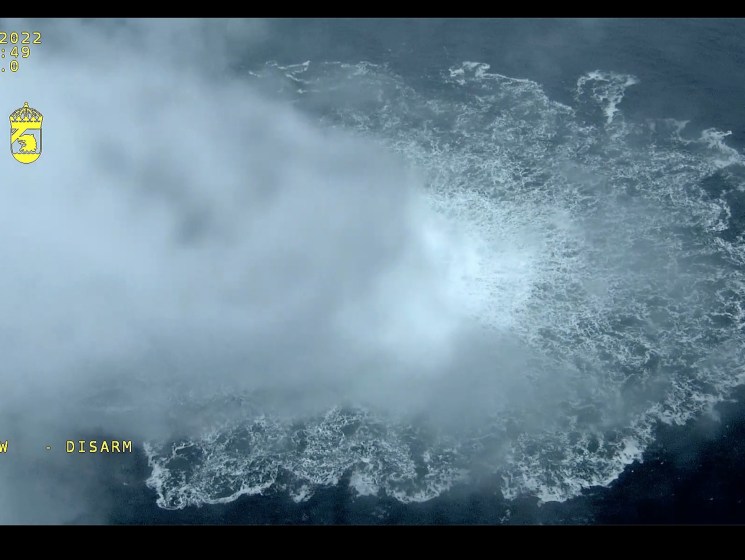 Aerial surveillance footage showing gas bubbles on Baltic Sea surface from Nord Stream pipeline explosion