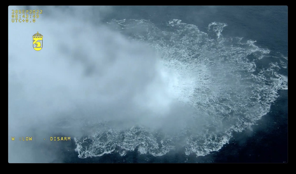Aerial surveillance footage showing gas bubbles on Baltic Sea surface from Nord Stream pipeline explosion