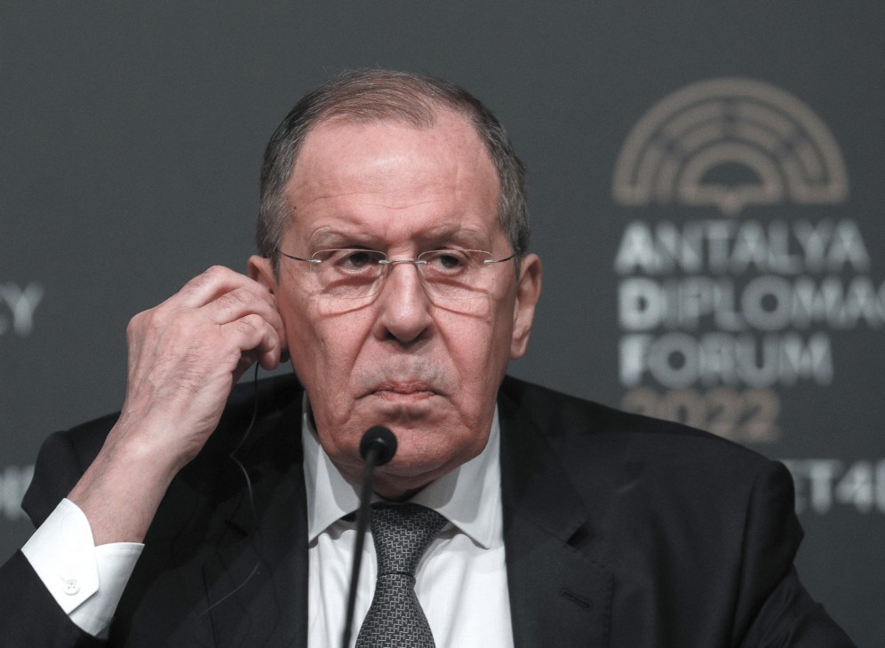 Russian Foreign Minister Sergei Lavrov at diplomatic meeting during forum appearance