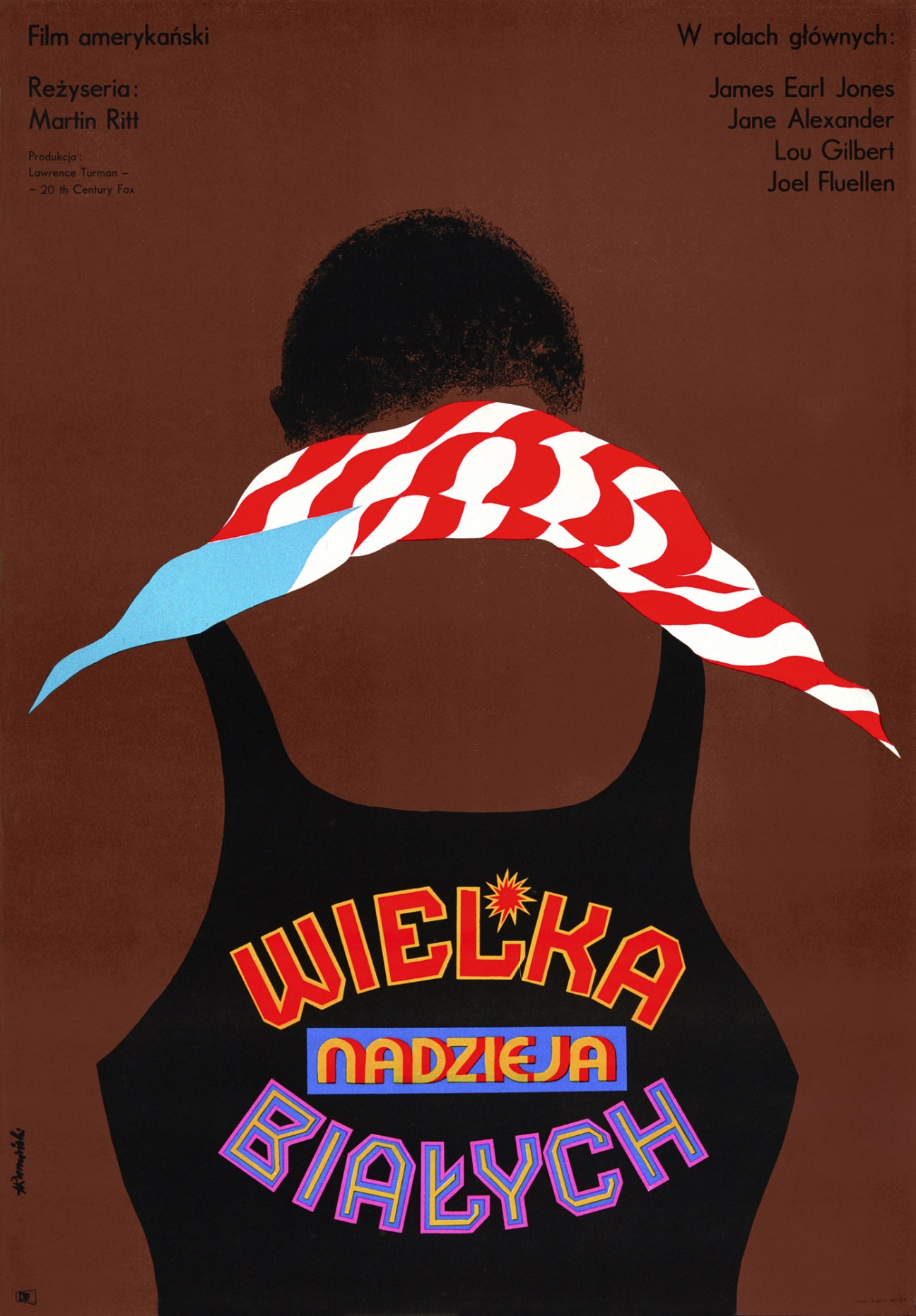 Polish film poster for The Great White Hope featuring a figure with red and white striped fabric and bold typography on brown background.